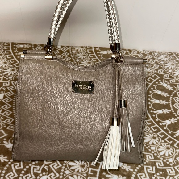 Bebe Pebble Texture Natalie Shopper Taupe with Tassels - Picture 1 of 12